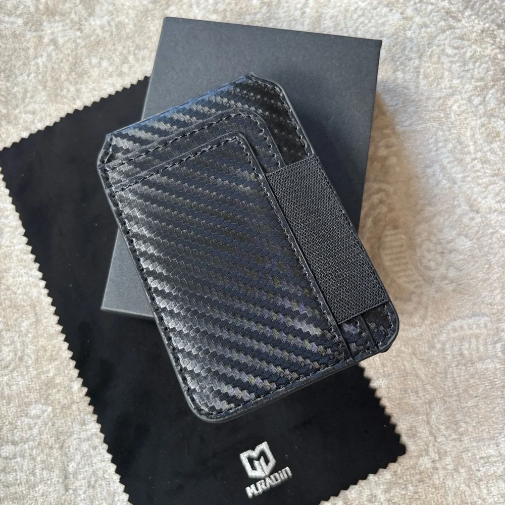 Brand New Muradin Black Carbon Fiber Minimalist Wallet RFID Blocking Card Holder